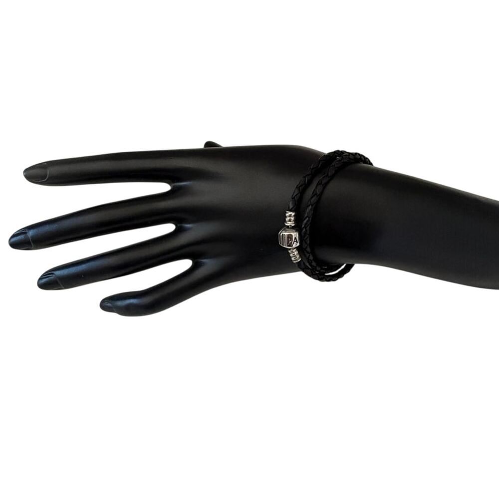 Pandora Moments Double Black Leather and Silver Bracelet, 6 1/2"
